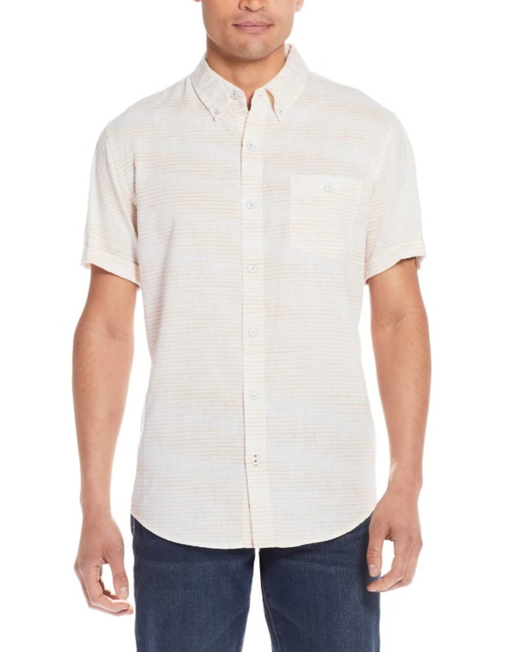 Weatherproof Vintage Washable Linen Shirt Mens M Tan Cream Striped Short Sleeve
